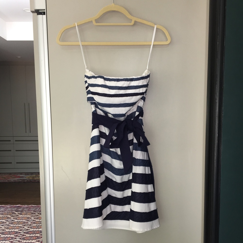 Blue and white striped strapless dress
