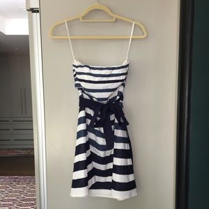 Blue and white striped strapless dress