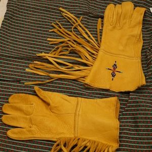 Vintage  Beaded Genuine Leather Fringe Gloves
