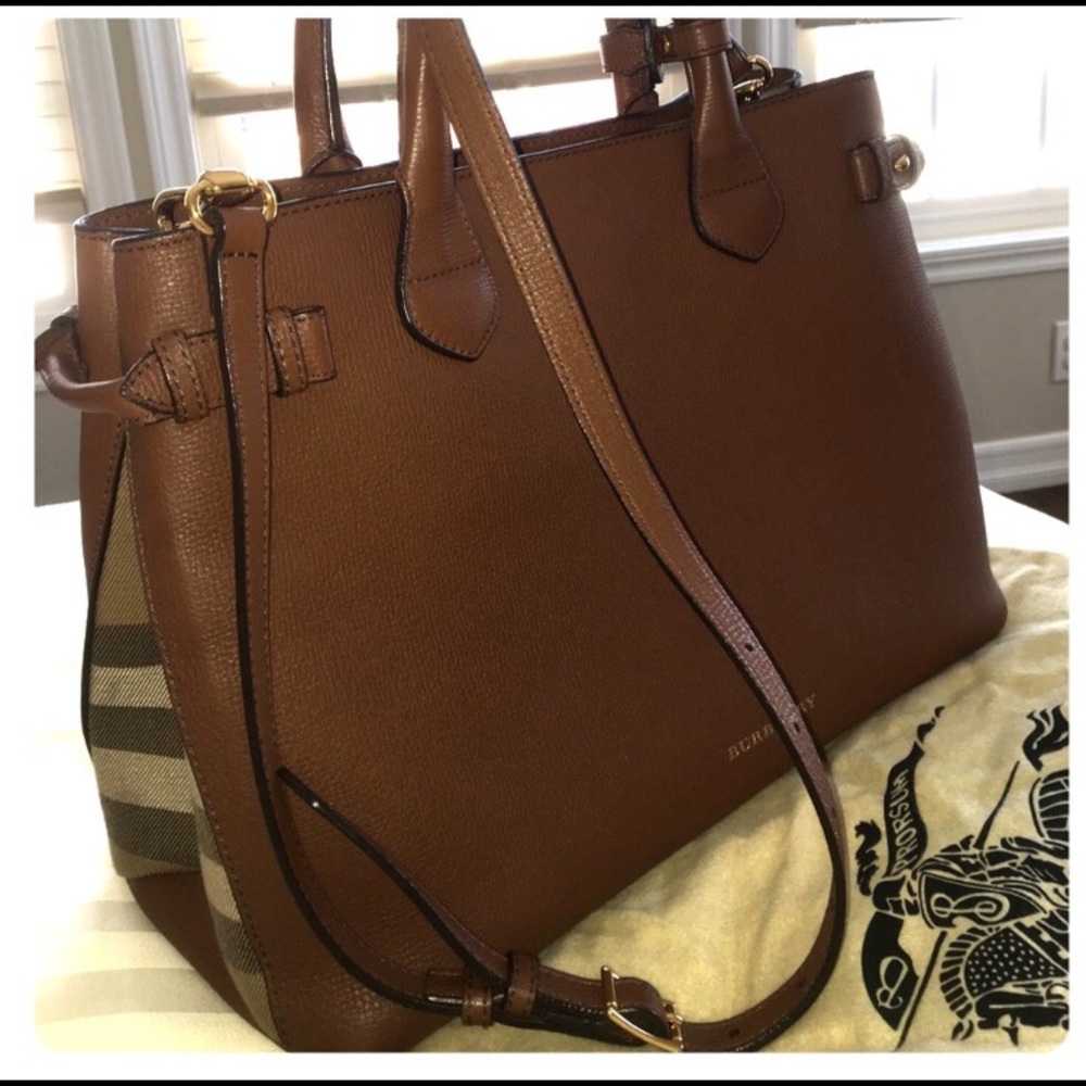 Burberry medium banner house check leather tote.