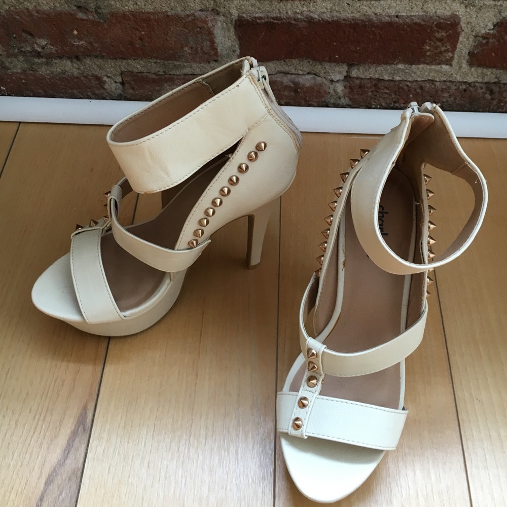 Strappy gold studded platform stiletto high heels