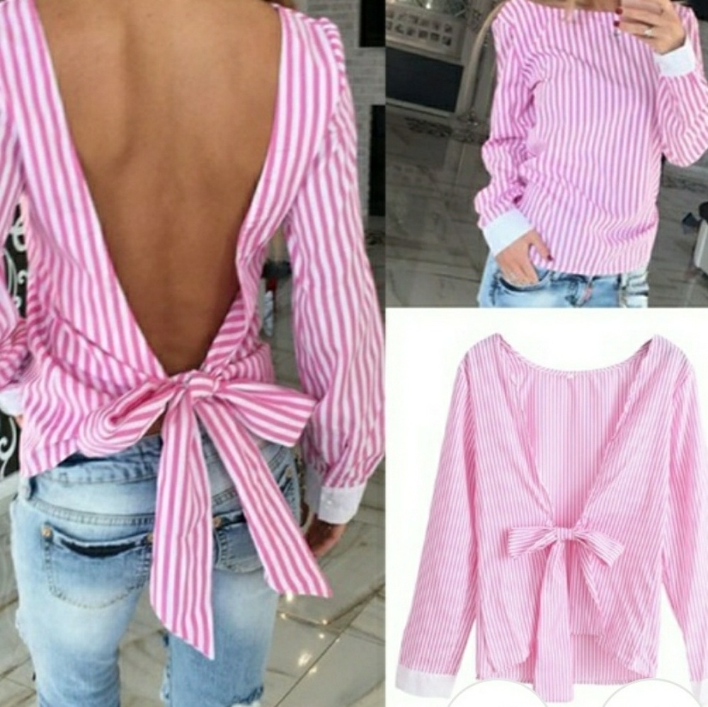Very sexy pink and white bowknot blouse