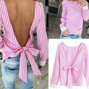 Very sexy pink and white bowknot blouse