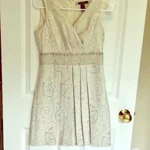 White and Metallic Silver Beaded Cocktail Dress