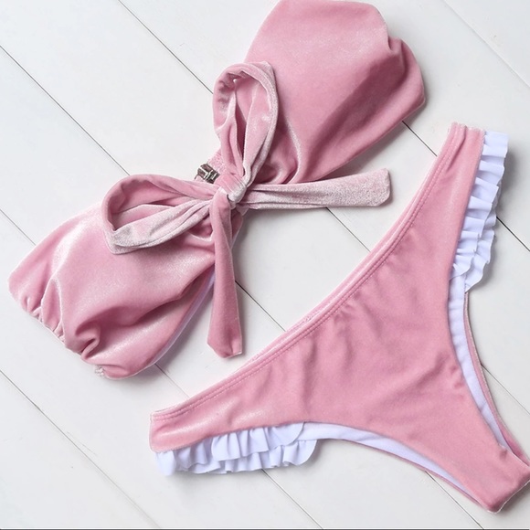 velvet bow bandeau pink adorable bikini - Picture 2 of 6