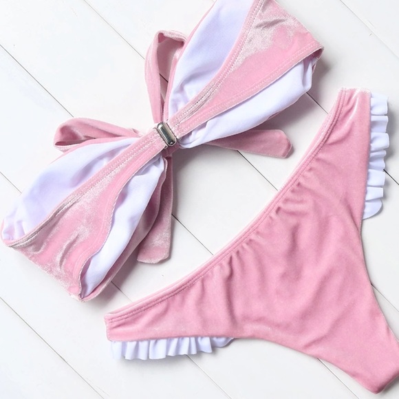 velvet bow bandeau pink adorable bikini - Picture 3 of 6