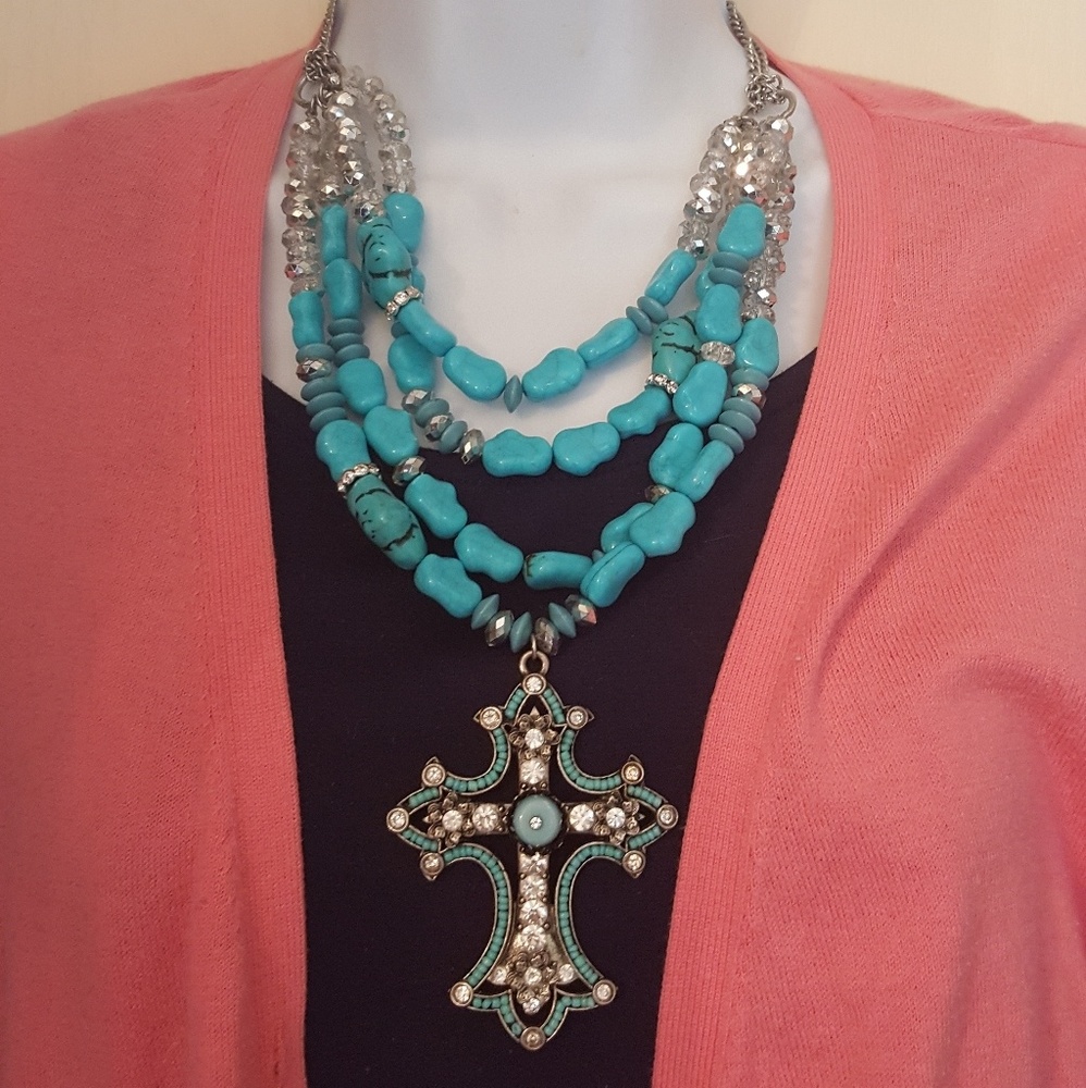 Multi-strand Turquoise Inspired Cross Necklace
