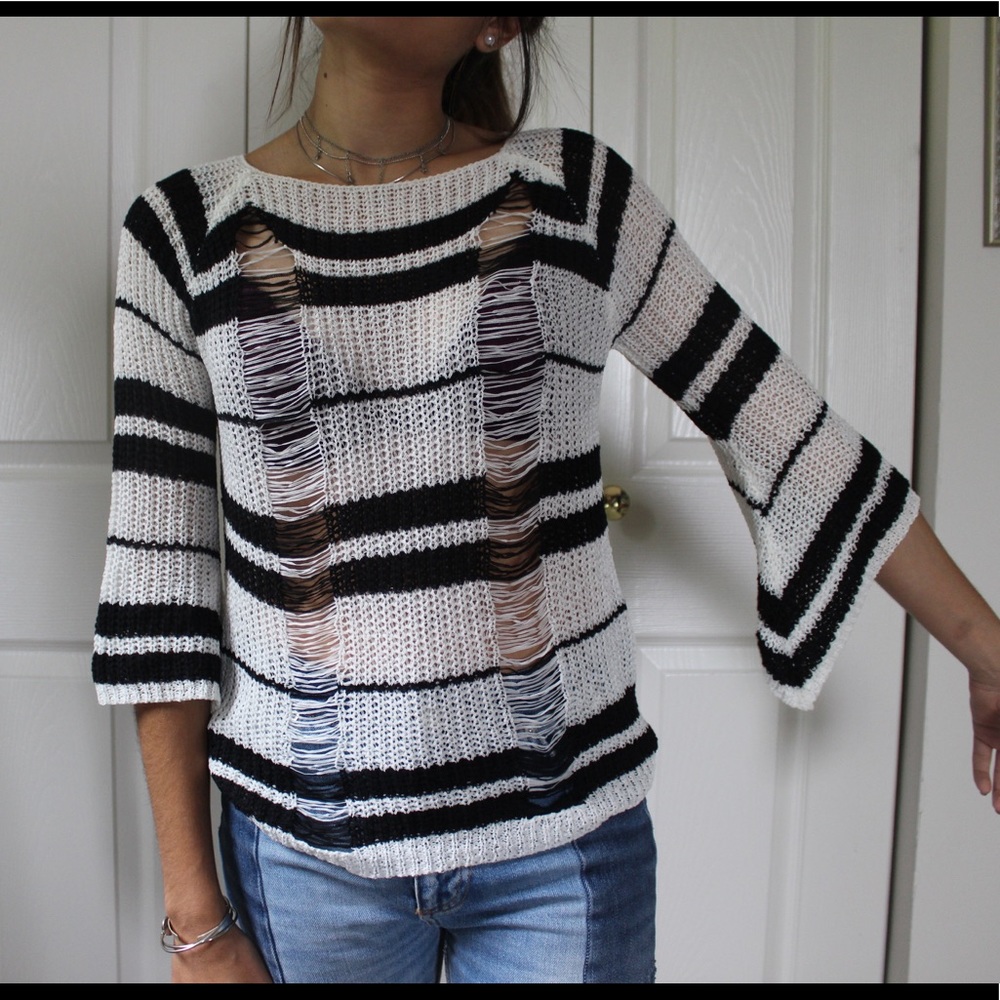 Black and white distressed thin sweater