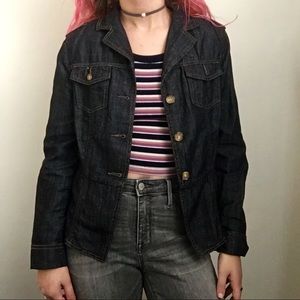 dark wash cinch-waisted jean jacket