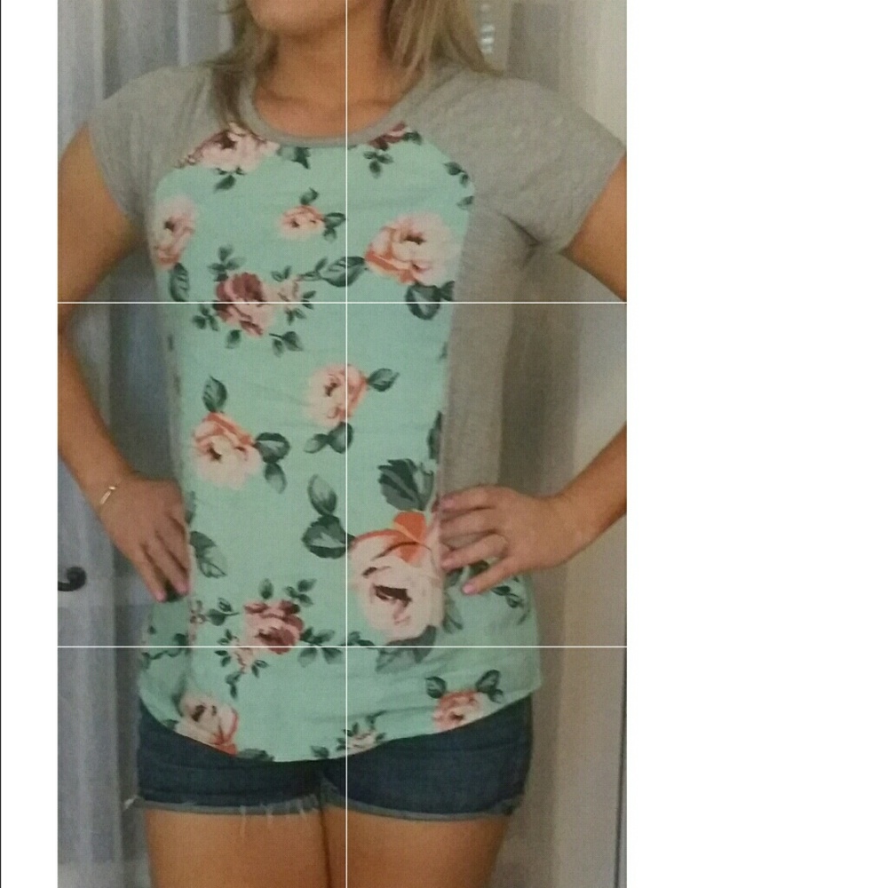 (1 S left!!) Soft Grey & Mint Floral Raglan Tee - Picture 2 of 3