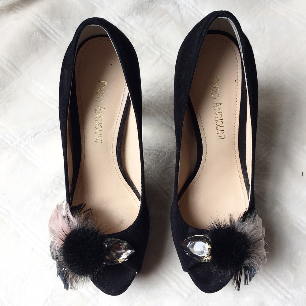 Enzo Angiolini Black Suede Embellished Heels
