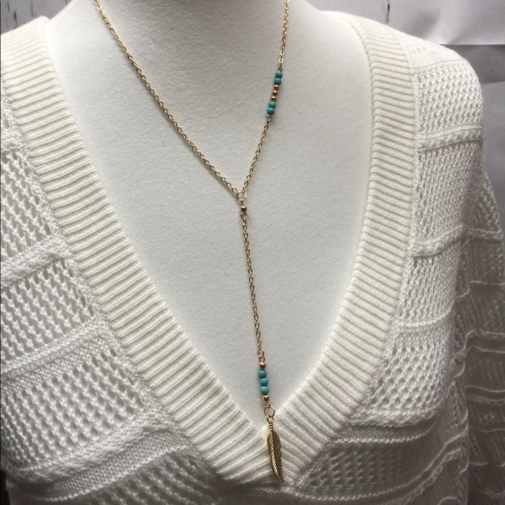 TRENDY GOLD & TURQUOISE FEATHER LARIAT NECKLACE