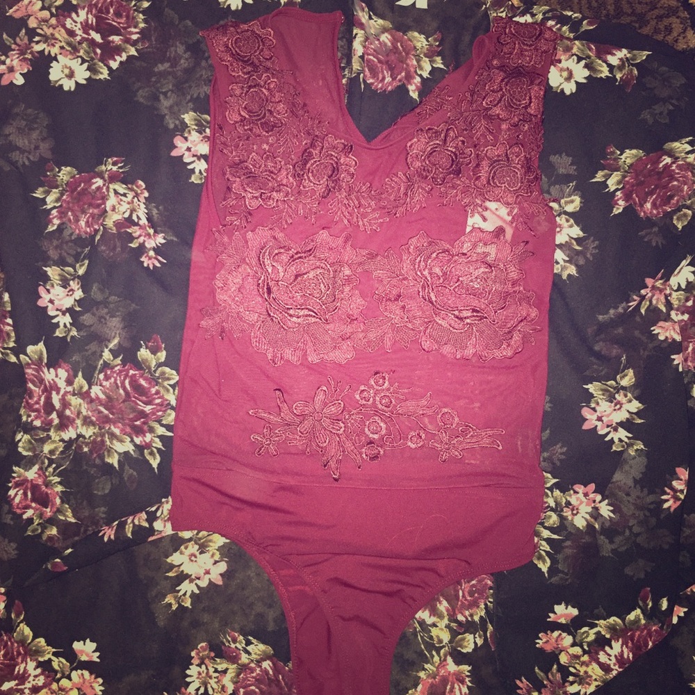 Gorgeous lace and Sheer maroon bodysuit
