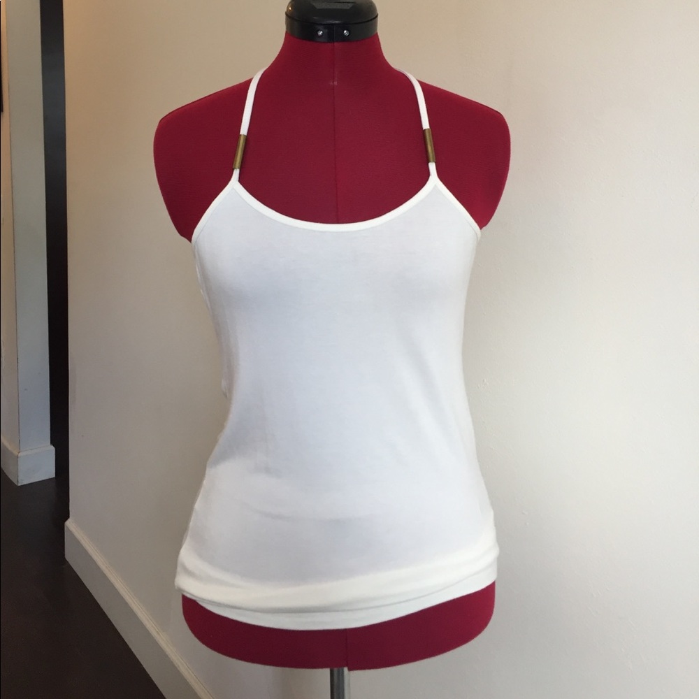REHAB racerback tank with brass details in white