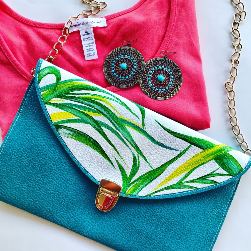 Teal & Green Leaf Clutch $45