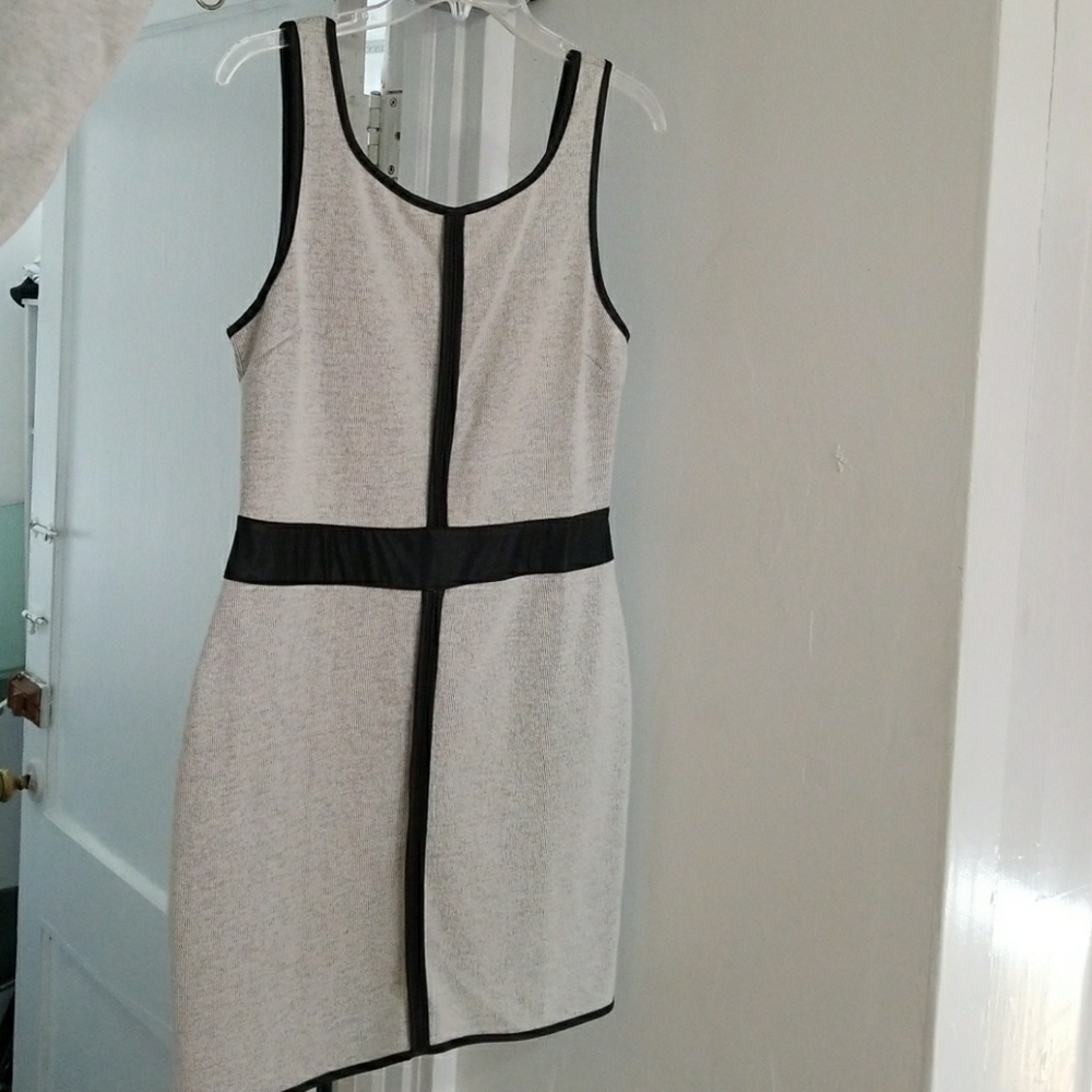 Grey pencil dress with faux leather accents