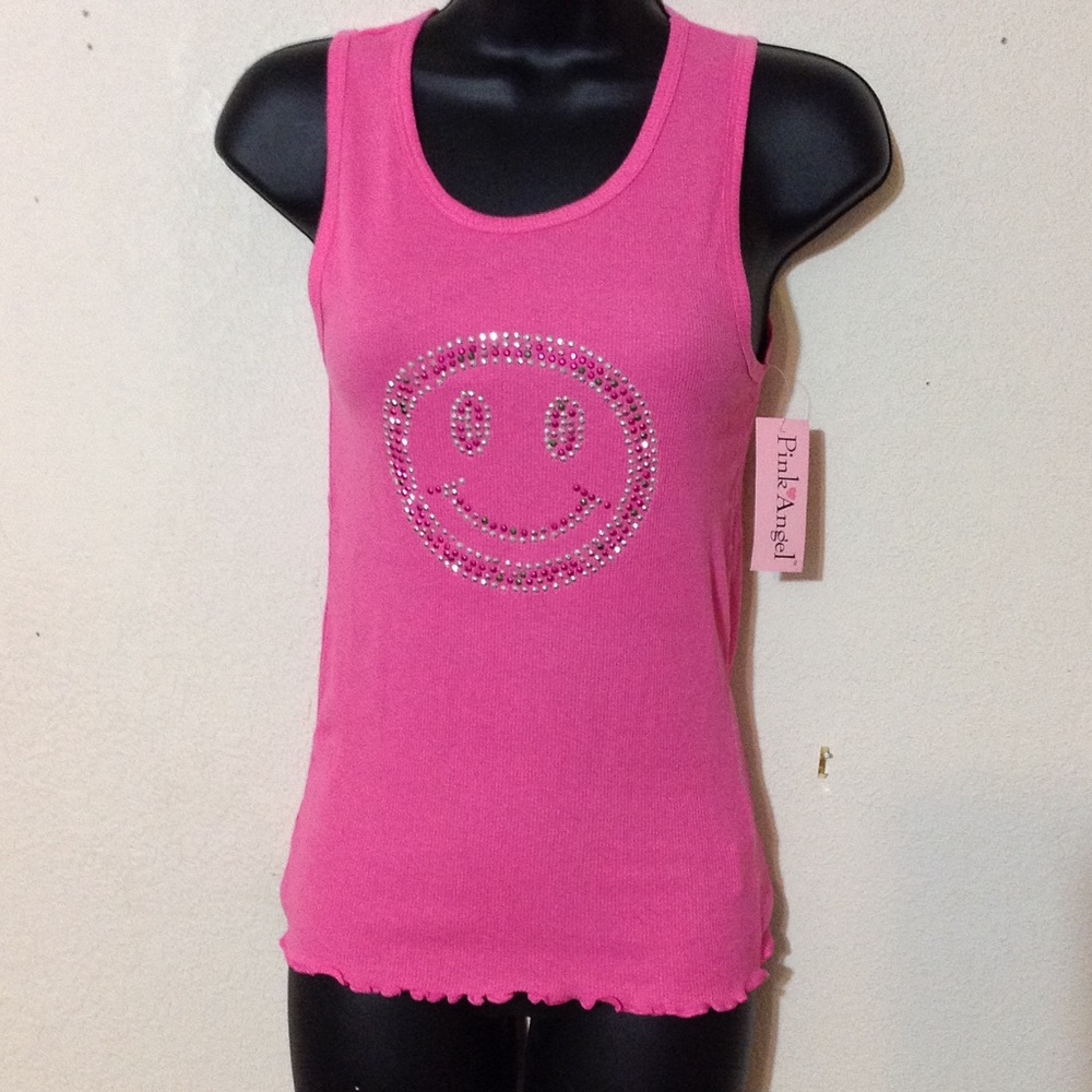 NWT pink sequined smiley guy tank top