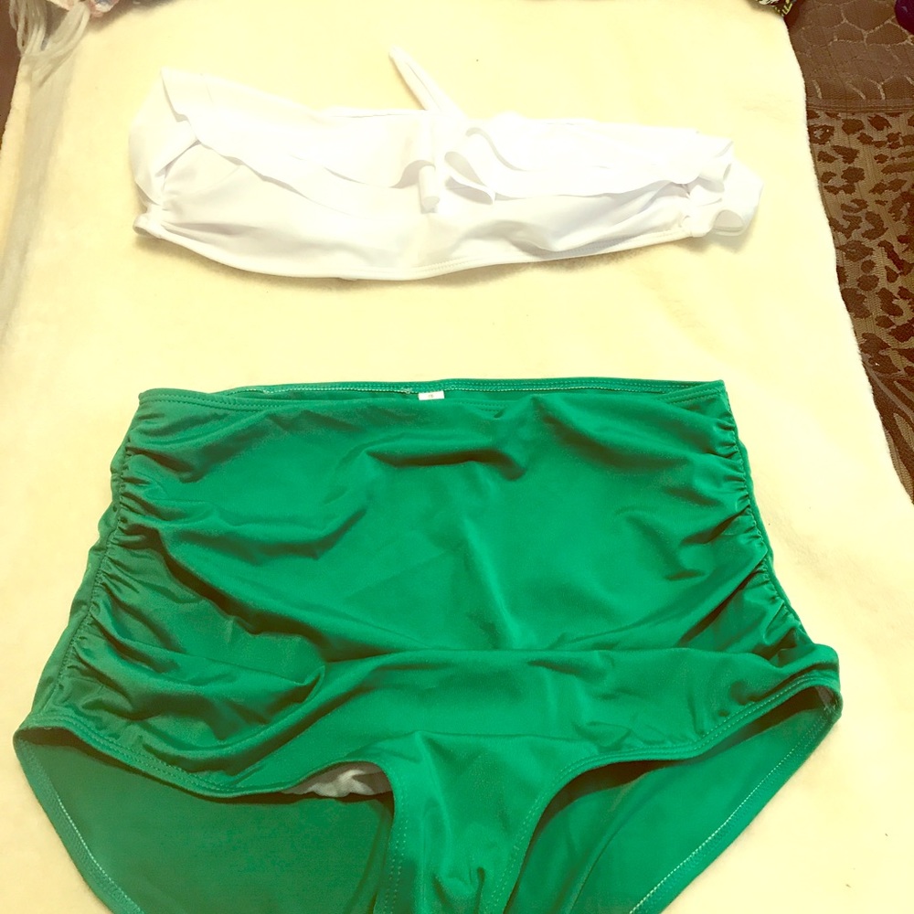 Green and white retro high waist bikini