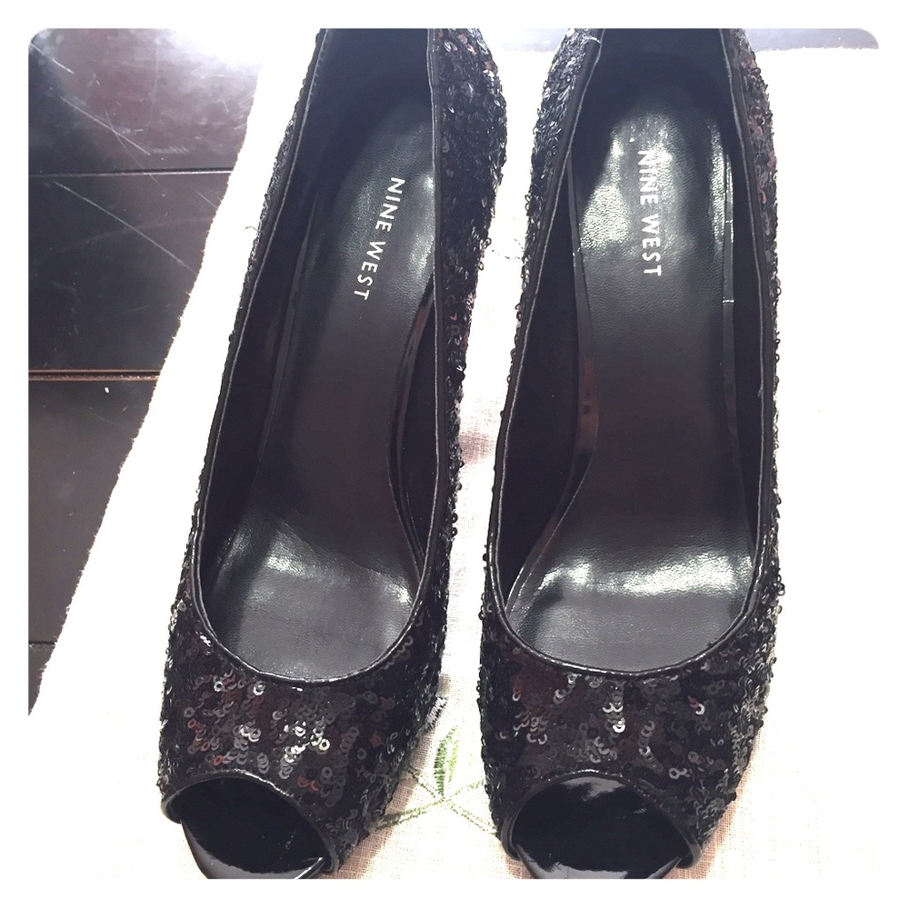 Black sequin peep toe heels