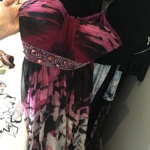 Burgundy print chiffon gown from Camille la be