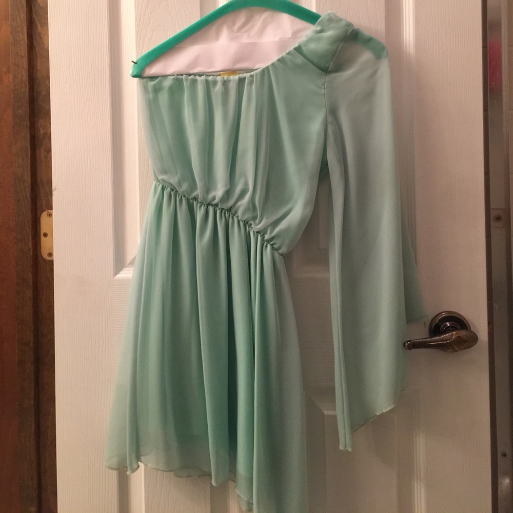 one sleeve dress seafoam green