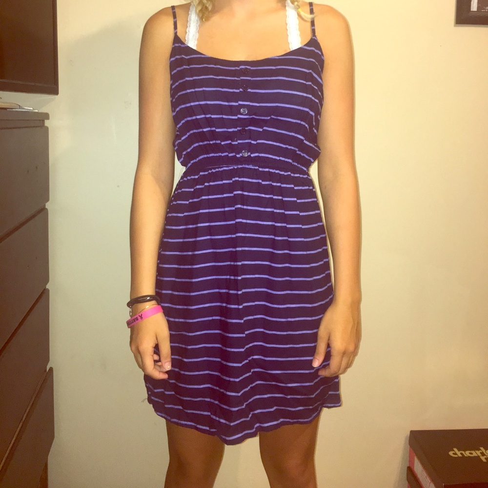 Black dress with purple stripes.