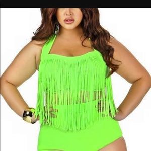 Neon green & white fringe high waisted bikinis 👙
