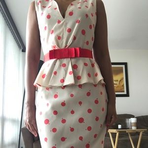 Ivory and pink polka dot peplum dress