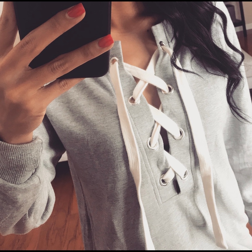 Gray Sweater Dress w/Lace Up - Picture 4 of 6