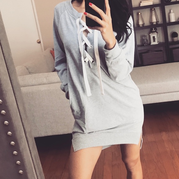 Gray Sweater Dress w/Lace Up - Picture 2 of 6