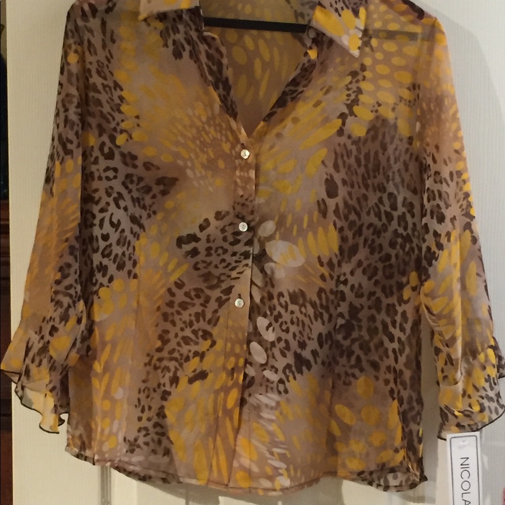 Nicola Yellow & Brown Leopard Print Blouse. Size M