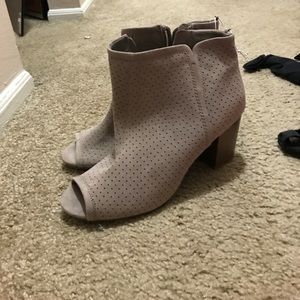 Peep-toe suede heeled booties