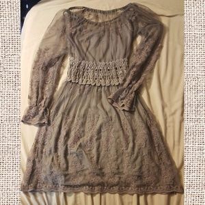 Brown All Over Lace Bell Sleeve Dress