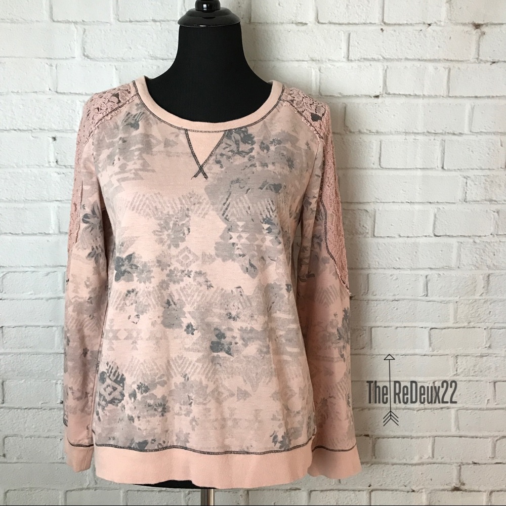 Jolt Pink Gray Floral Sweatshirt With Lace Detail