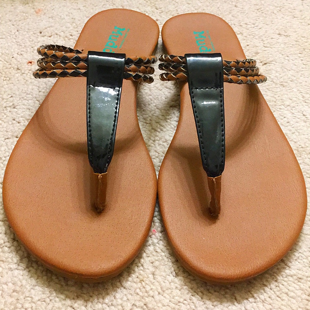Black and Tan Braided T-Strap Sandals
