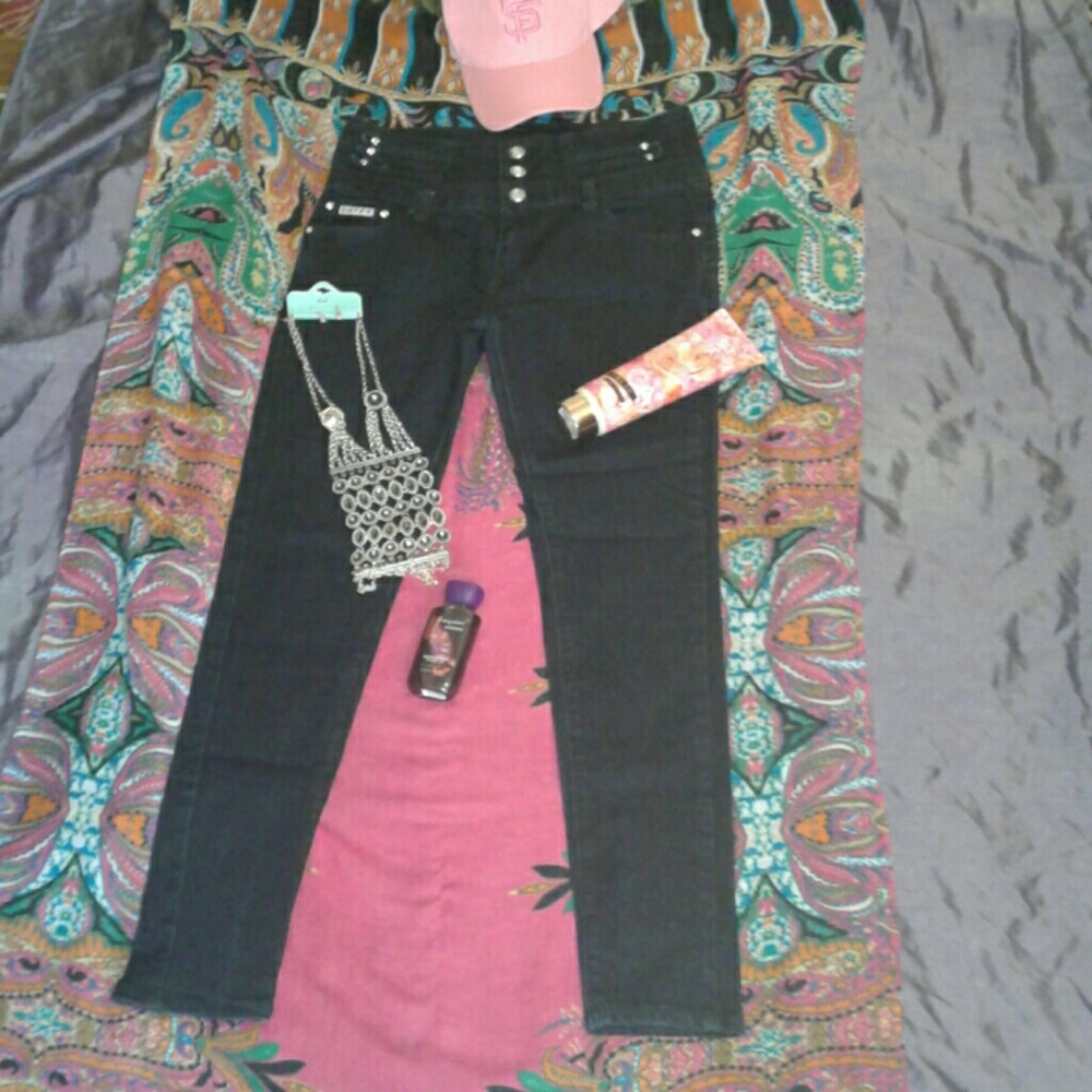 SAZA CHARCOAL RHINESTONE HIGH WAIST SKINNY JEANS