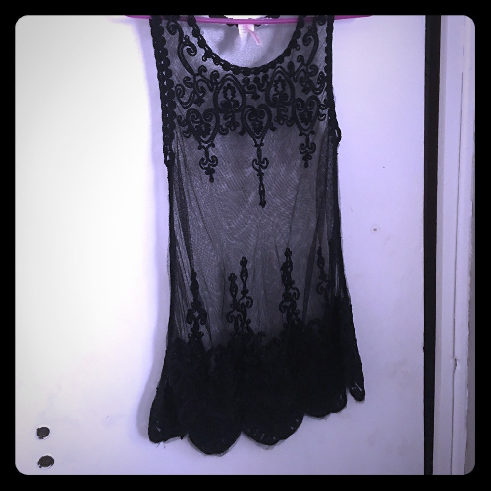 Black lace overlay with embrodiery