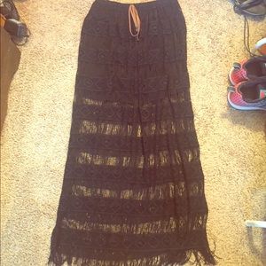 Black fringe mesh maxi skirt