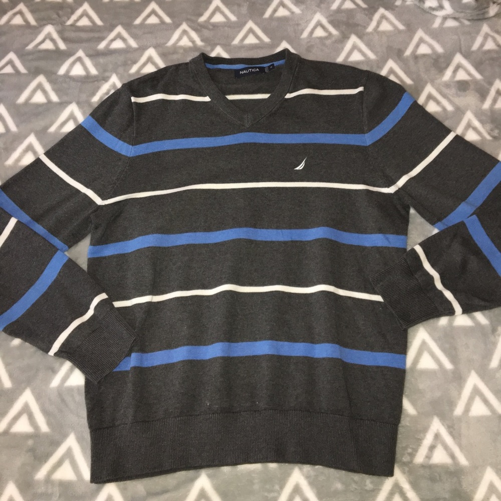 Blue Gray and white striped v-neck sweater