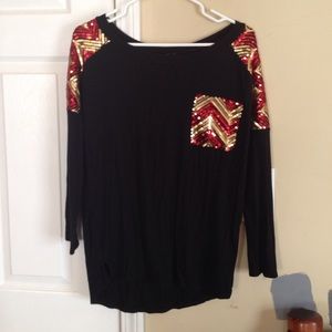 Black Gold and Red Sequin Top