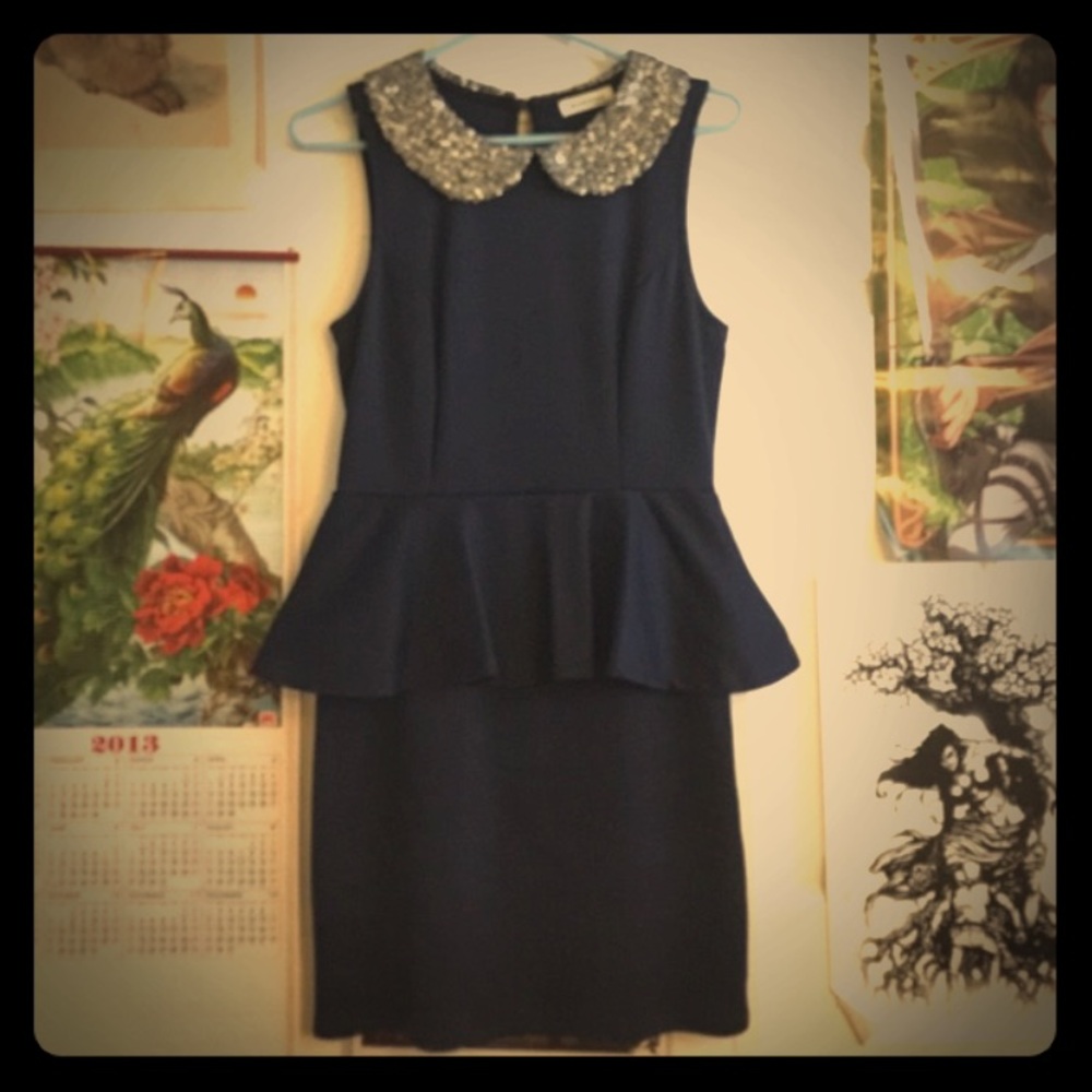 Navy bodycon peplum sequin peterpan collar dress