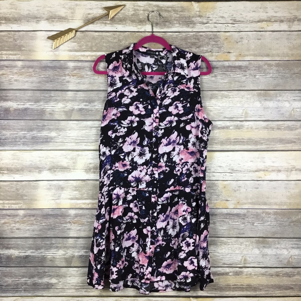 Cotton On Black & Pink Floral Drop Waist Dress L