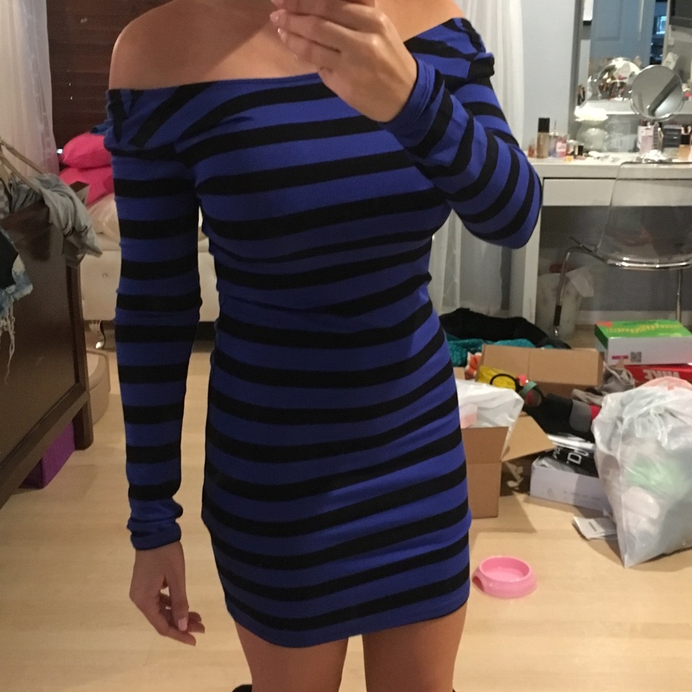 Black & blue striped off shoulder dress