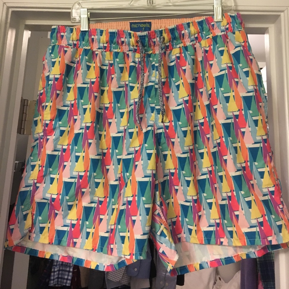 Michael's XL colorful sailboat swim trunks