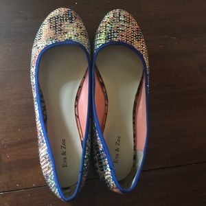 Size 11 peach and blue Eva & Zoe rhinestone flats.