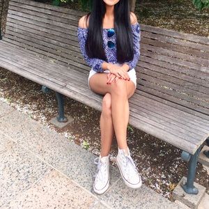 blue off the shoulder crop top