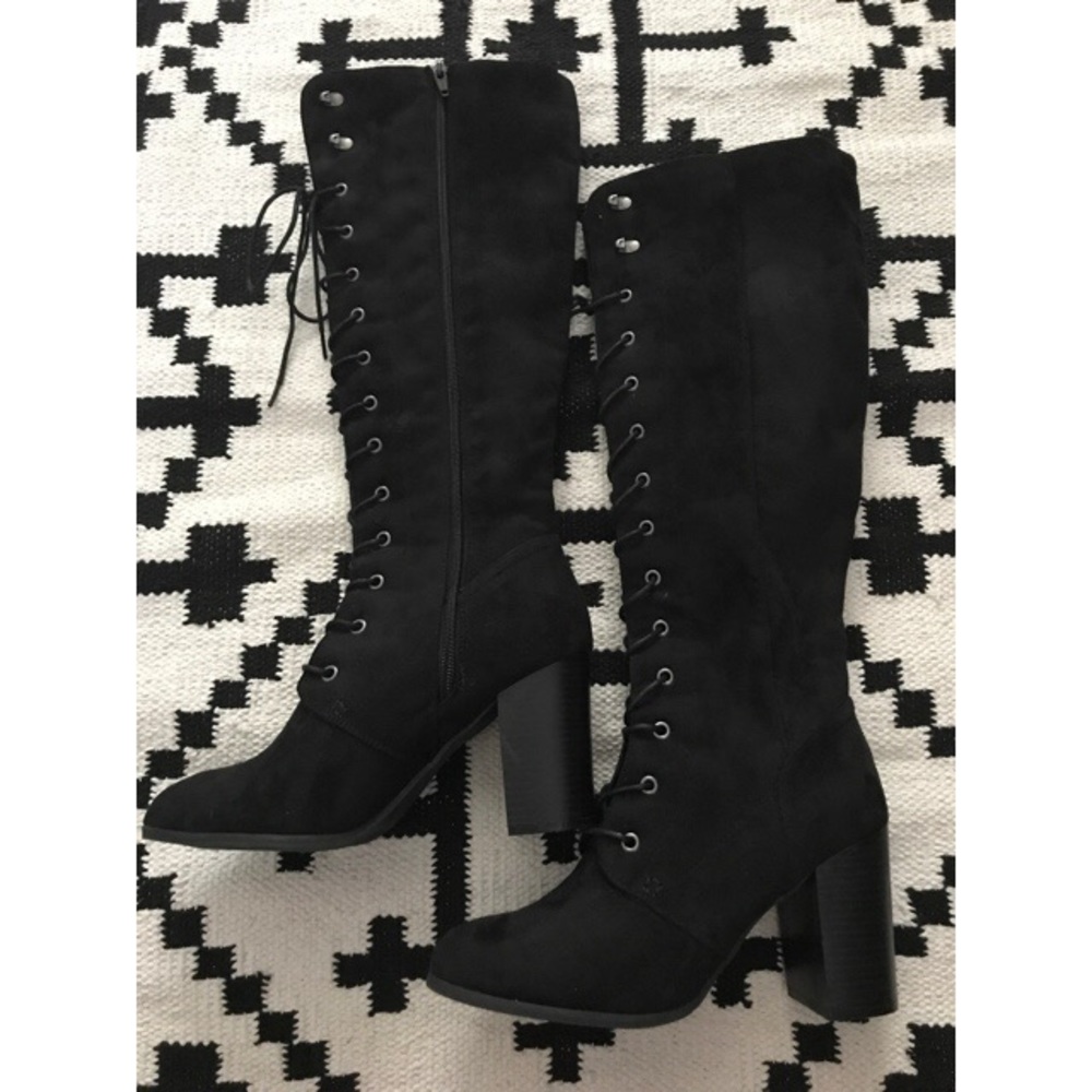 Vegan leather knee-high black boots with 3.5" heel