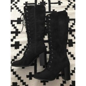 Vegan leather knee-high black boots with 3.5" heel