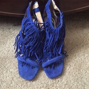 Royal blue fringe heels