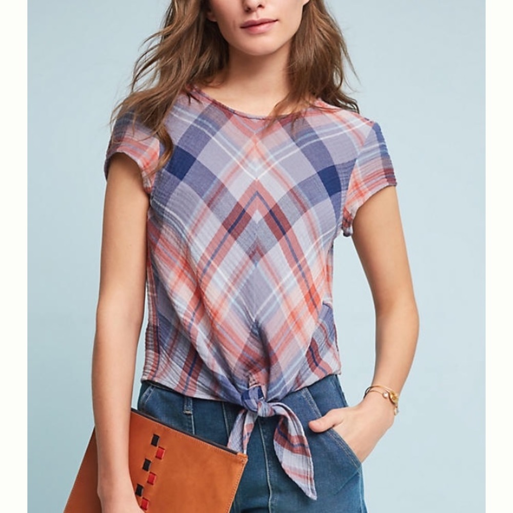 Anthropologie Plaid Tie Front Top